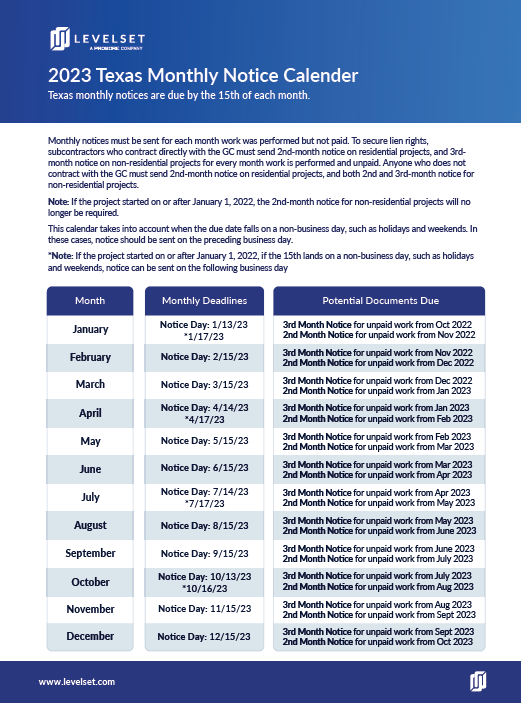 Texas monthly notice calendar 2023